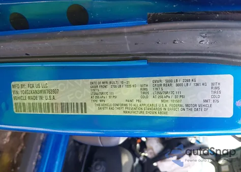 2021 Jeep Wrangler Willys Sport 4X4 z USA, uszkodzony, nr VIN 1C4GJXAN3MW763907